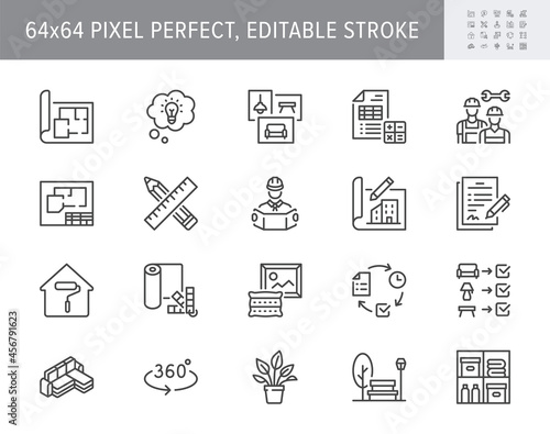 Interior design line icons. Vector illustration include icon - architecture, blueprint, project calculation, documentation outline pictogram for home decoration. 64x64 Pixel Perfect, Editable Stroke
