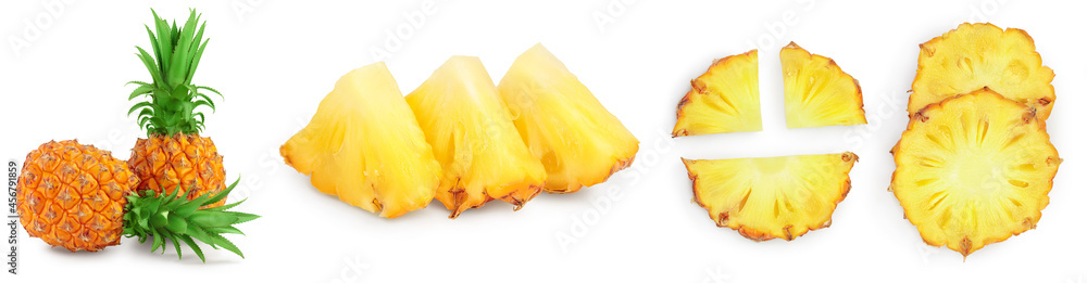 pineapple half and slices isolated on white background with full depth ...