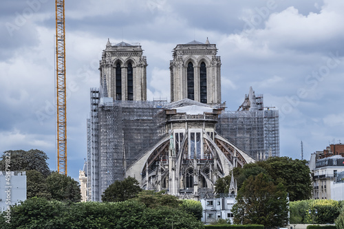 Notre Dame de Paris after fire. Reinforcement work in progress after the fire, to prevent the Cathedral Notre Dame de Paris to collapse. Paris. France. 