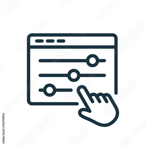 Control Panel Line Icon. Adjustment Button with Hand Linear Pictogram. Control Panel and Pointer Outline Icon. Multimedia adjusting symbol. Editable Stroke. Isolated Vector Illustration