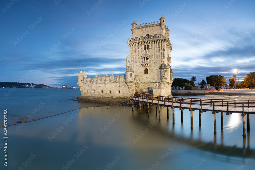 The Belem Tower (Torre de Belem), Lisbon, Portugal. At the margins of the Tejo river, it is an iconic site of the city. Originally built as a defence tower, today it is used as a museun.