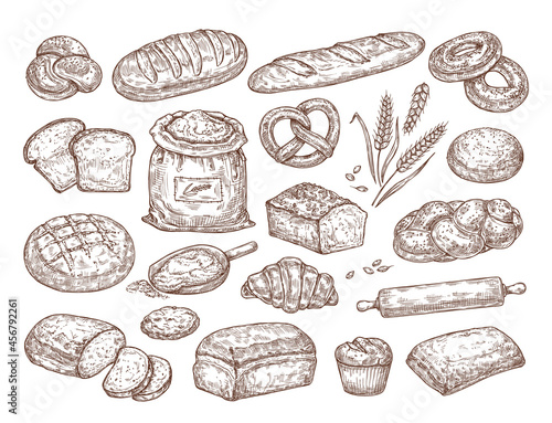 Sketch set with pastries, bread, flour and spikelets. Vector illustration.
