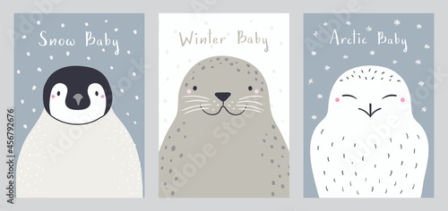 Cute cartoon animals portraits set, penguin, seal, snowy owl. Hand drawn vector illustration. Winter characters. Arctic, Antarctic wildlife. Design concept for kids print, poster, baby shower, card.