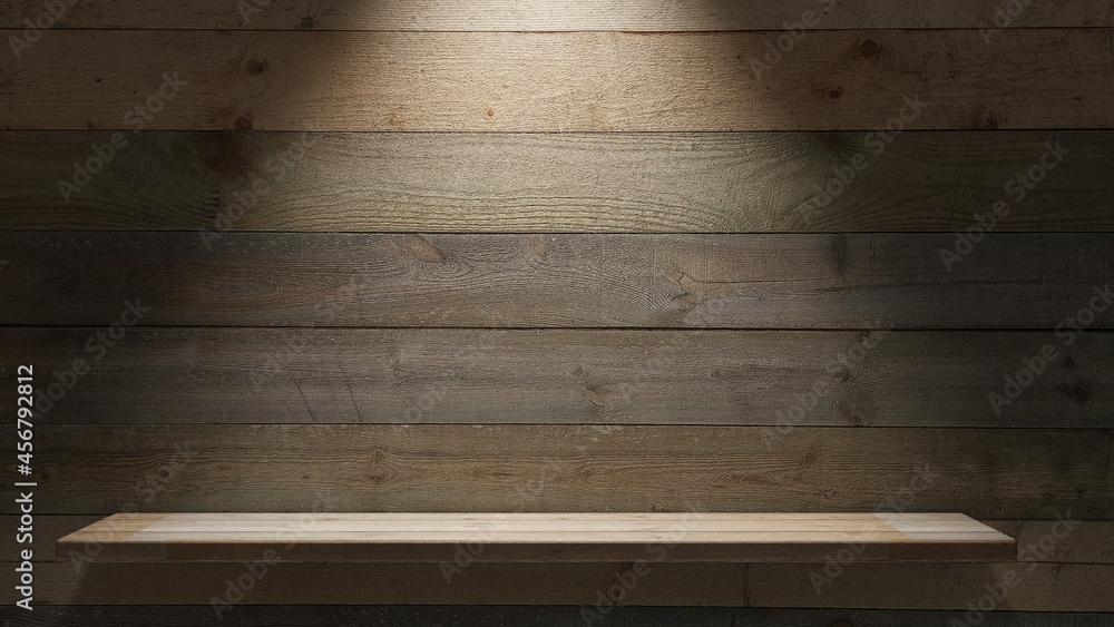 Shelf template in spotlight. Night interior background. Template for object presentation. 3D rendering. Shelf template in spotlight. Night interior background. Template for object presentation. 3D rendering.