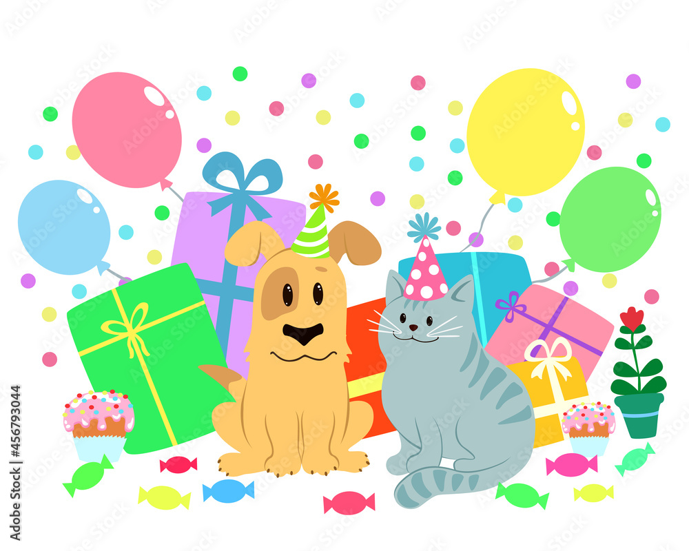 funny cartoon dog and cat in party hats with gifts, colorful balloons, confetti and cupcakes. cute animals congrats happy birthday on white background. greeting card. vector illustration