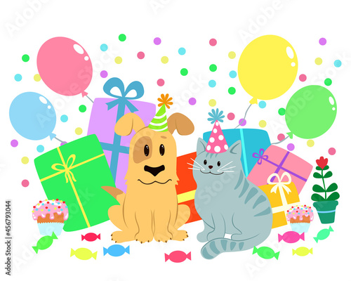 funny cartoon dog and cat in party hats with gifts  colorful balloons  confetti and cupcakes. cute animals congrats happy birthday on white background. greeting card. vector illustration