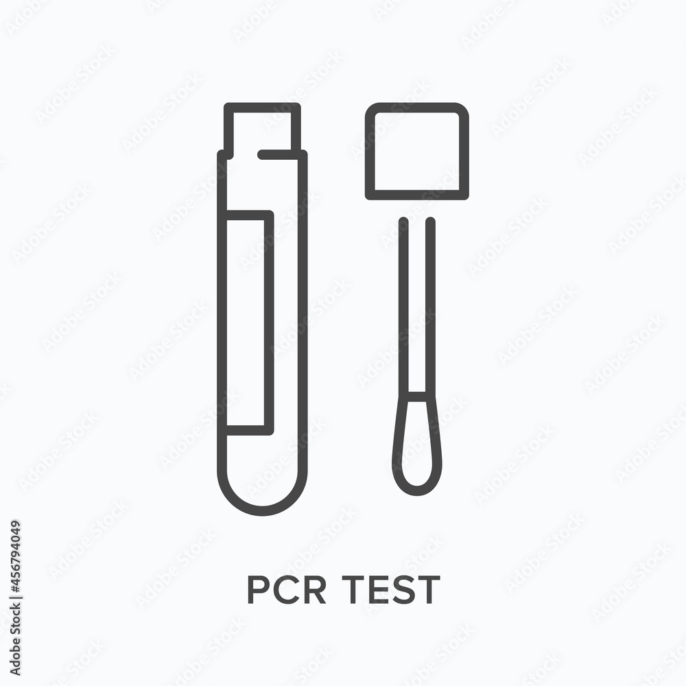 PCR test flat line icon. Vector outline illustration of laboratory tube and swab. Black thin linear pictogram for covid diagnostic PCR test flat line icon. Vector outline illustration of laboratory tube and swab. Black thin linear pictogram for covid diagnostic