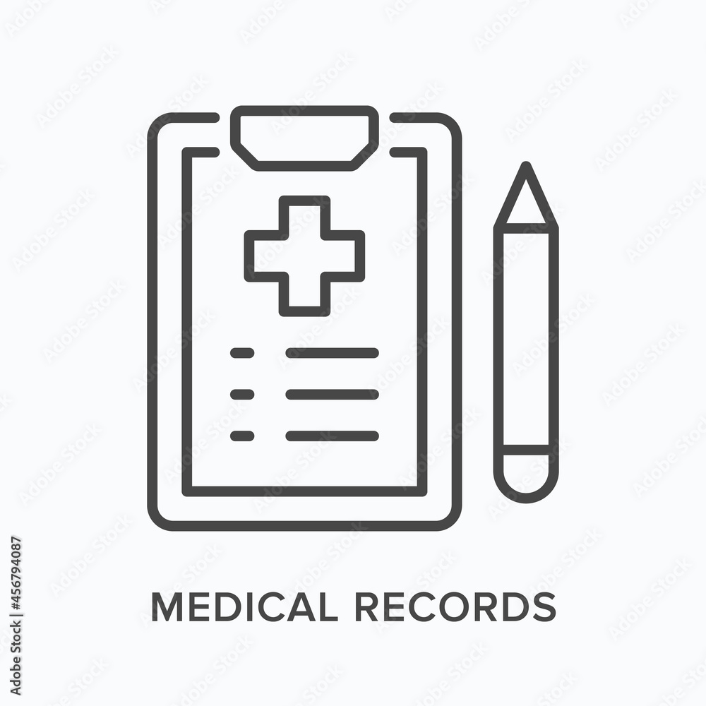 Medical records flat line icon. Vector outline illustration of clinical tablet and pen. Black thin linear pictogram for hospital document Medical records flat line icon. Vector outline illustration of clinical tablet and pen. Black thin linear pictogram for hospital document