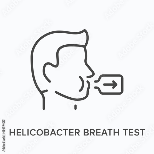 Helicobacter medical test flat line icon. Vector outline illustration of human head and breathalyser. Black thin linear pictogram for spirometry