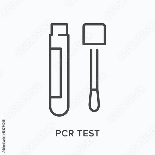 PCR test flat line icon. Vector outline illustration of laboratory tube and swab. Black thin linear pictogram for covid diagnostic
