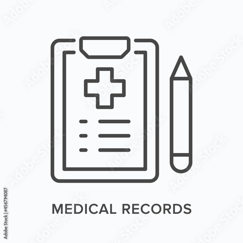 Medical records flat line icon. Vector outline illustration of clinical tablet and pen. Black thin linear pictogram for hospital document