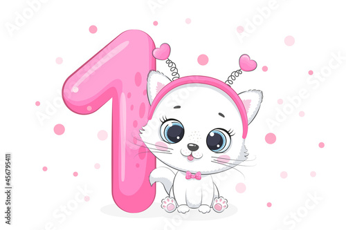 Cartoon illustration "Happy birthday, 1 year", cute kitten. Vector illustration.