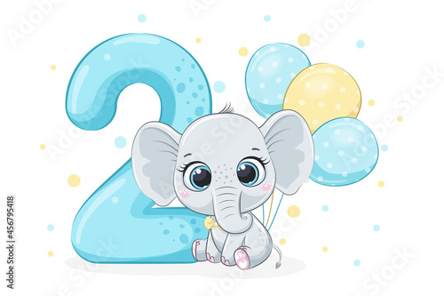 Cartoon illustration "Happy birthday, 2 year", cute baby elephant. Vector illustration.