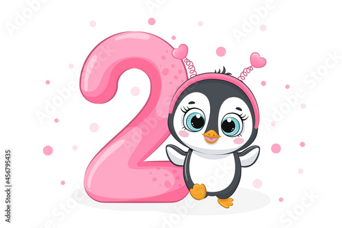 Cartoon illustration "Happy birthday, 2 year", cute penguin. Vector illustration.