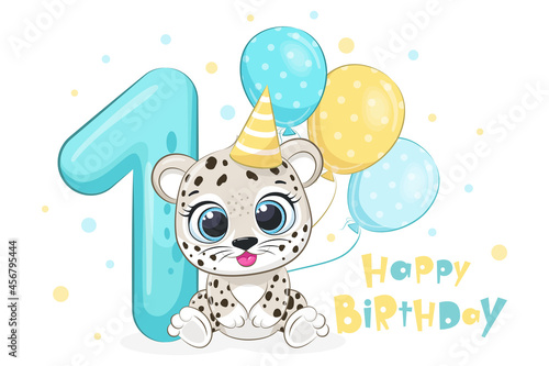 Cartoon illustration "Happy birthday, 1 year", cute leopard. Vector illustration.