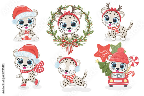 A collection of 6 cute leopards for New Year and Christmas. Vector illustration from a cartoon.