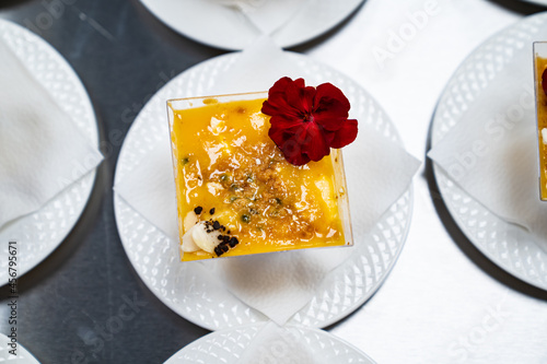Catering. kremenki with fruit desserts decorated with flowers. 
