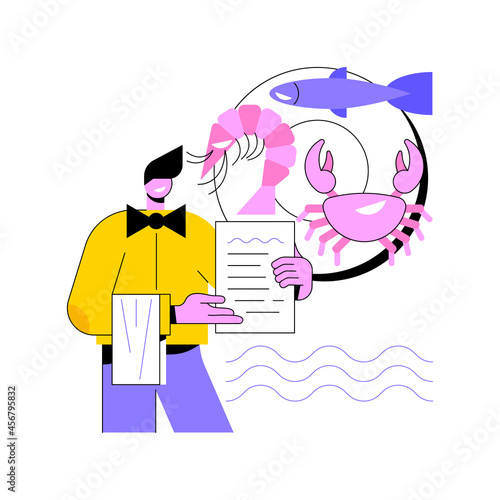 Seafood menu abstract concept vector illustration. Seafood nutrition diet, marine products shop, fish house, food delivery, in-house kitchen, pescatarian diet, protein source abstract metaphor.
