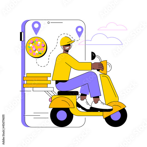 Food delivery service abstract concept vector illustration. Online food order, 24 for 7 service, pizza and sushi online menu, payment options, no-contact delivery, download app abstract metaphor.