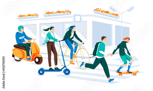 A set of characters riding an electric vehicle. People run, use scooters, bicycles, skateboards, electric scooters. Environmentally friendly transport for city dwellers. Cartoon flat vector illustrati