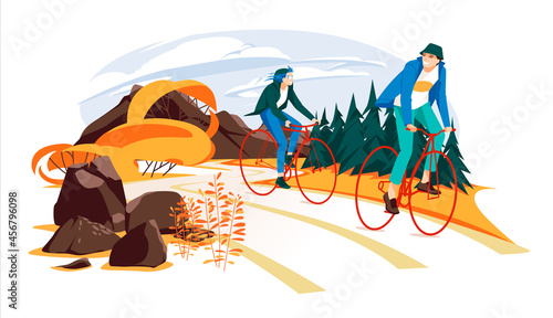 A couple is cycling along a rural road. Autumn. The guy and the girl spend their free time actively riding bicycles. Cartoon flat vector illustration. Coniferous forest and mountains. 