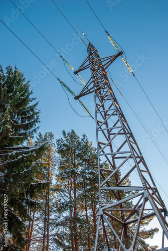 Electric power transmission tower. Electricity distribution infrastructure. Compressors Distribution Technology