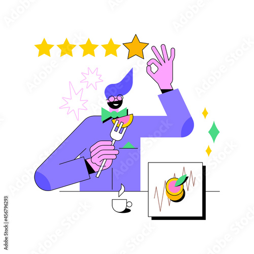 Food critic abstract concept vector illustration. Analyze food, restaurant chef, write review, rating, expert opinion, culinary show, undercover guest, travel guide abstract metaphor.