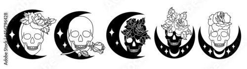 Set of skulls with a rose in a line art style.