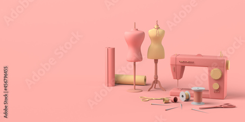 Tailoring shop with mannequins, fabrics, thimbles and sewing machine. Sewing store. Copy space.  3D illustration.