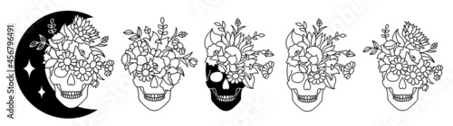 Set of skulls with a rose in a line art style.