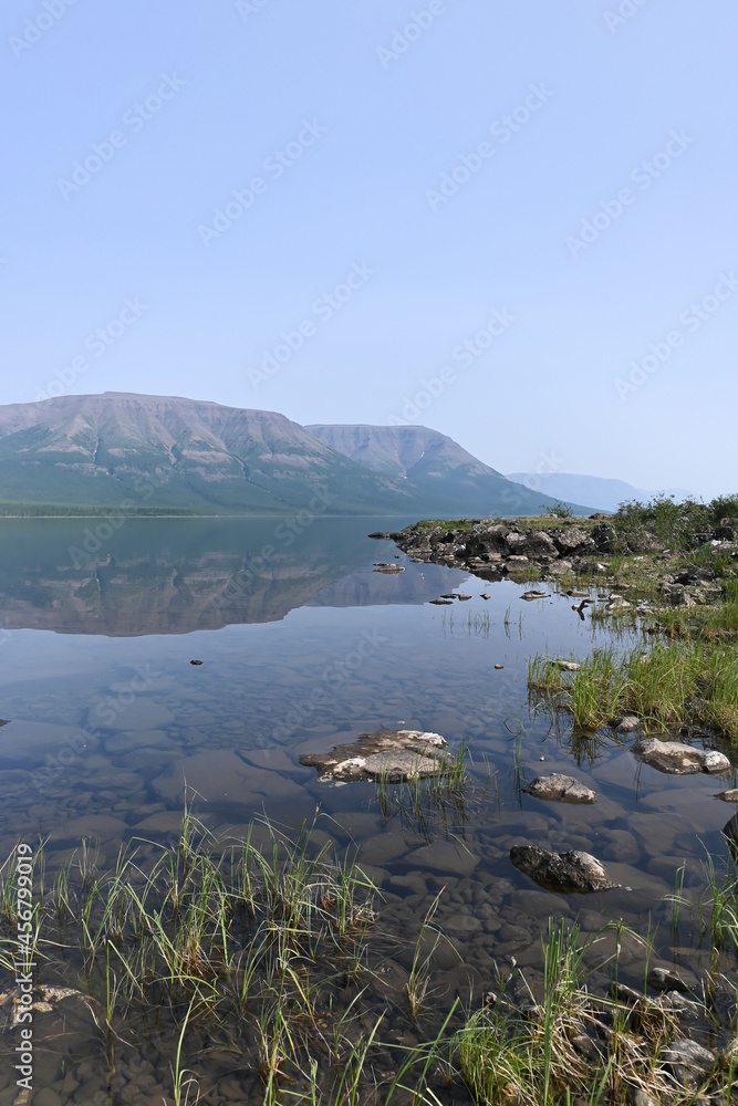 Putorana Plateau, a misty haze over the lake.