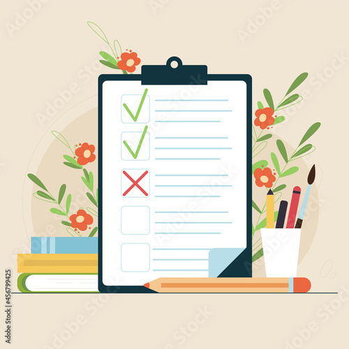 Clipboard with check list and check marks. To do list, completed tasks, done exercises or homework. Online quiz and done test, feedback or survey.