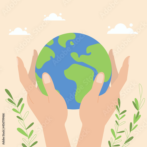 Planet Earth in the human hands. Hands holding the world. Save the globe together. Symbol of care and protection.