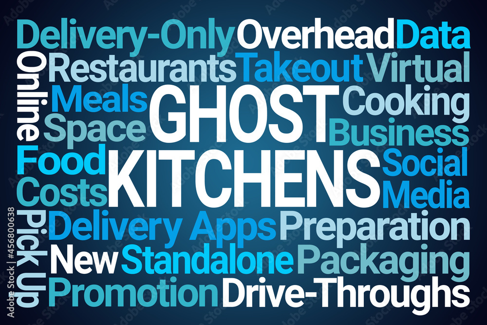 Ghost Kitchens Word Cloud on Blue Background Ghost Kitchens Word Cloud on Blue Background