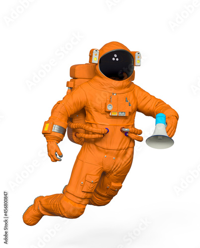 astronaut is drifting and holding a bullhorn on his hand