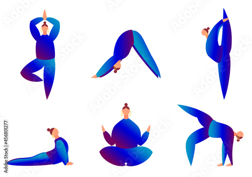 Set of women in blue clothes do yoga isolated on white. Tree, downward facing dog, cobra and other positions. Concept of balance, healthy lifestyle, sports, harmony