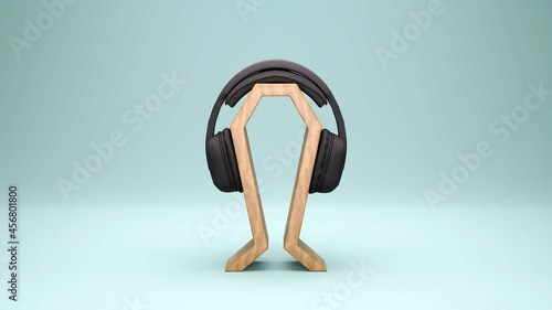 Fotografia, Obraz Headphone wooden display stand hanger holder headset earphone 3D render illustra