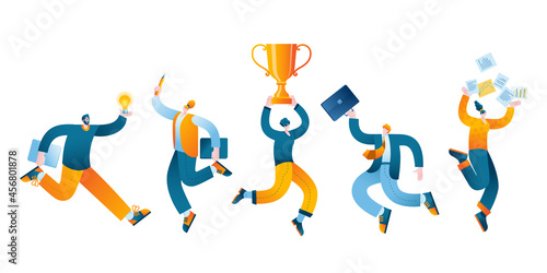 People are jumping merrily with a victory cup in their hands. Vector illustration in a flat style on the theme of the success of teamwork.