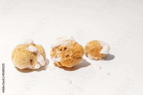 Yellow Natural bath or cleaning three sea sponges with foam on white background