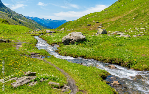 Beautiful landscape at the Little Saint Bernard Pass on a summer afternoon, between Italy and France.