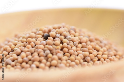 Seeds of sinapis alba in a wooden bowl on a white background, food. Spices.