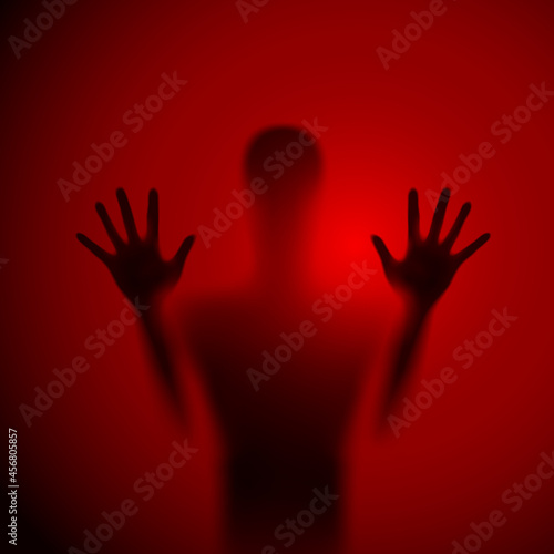 Shadow Blur of Horror Man Behind the Matte Glass. Blurry Hand, Body Figure Abstraction, and Two Palms. The Reflection of the Silhouette Through the Light. Illustration on Red Background
