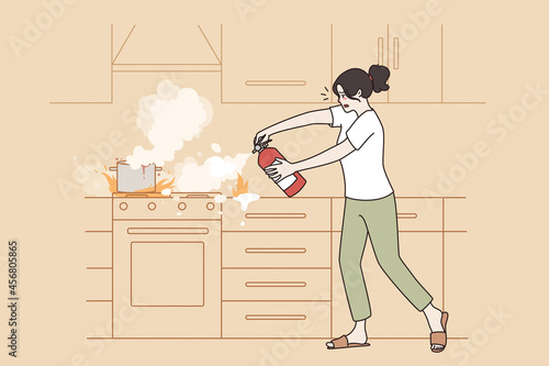 Preventing kitchen fire and flame concept. Young frustrated woman standing with fire extinguisher in hands extinguisher using putting to fire on plate vector illustration 