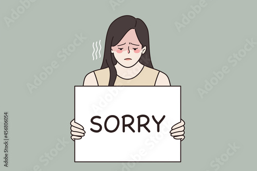 Feeling sorry and guilt concept. Young sad frustrated woman feeling guilty holding sign saying sorry in hands vector illustration 