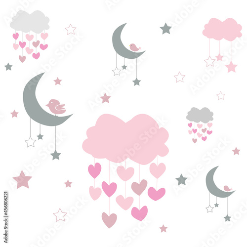Fondo infantil con nubes, lunas, estrellas y corazones 2.