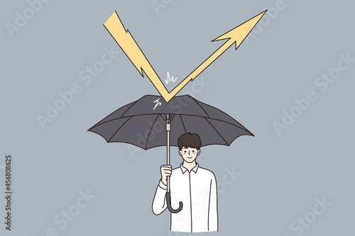 Business safety, defending, strategy concept. Young businessman cartoon character standing with umbrella and defending from thunder lightning arrows hitting vector illustration 