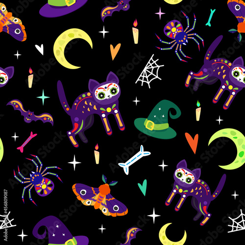 Halloween seamless pattern with cat  moon  spider and moth.