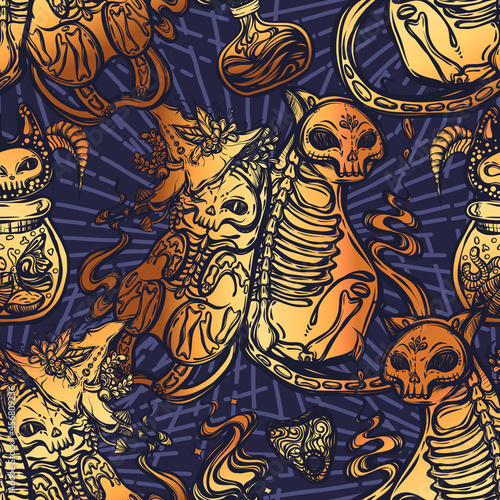 Halloween vector composition with mystical cat skeleton, witch hat, t-shirt design, seamless pattern, background blue
