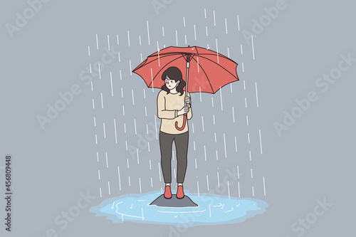 Bad weather, rain, storm concept. Young sad frustrated girl cartoon character standing with red big umbrella under storm flood vector illustration 