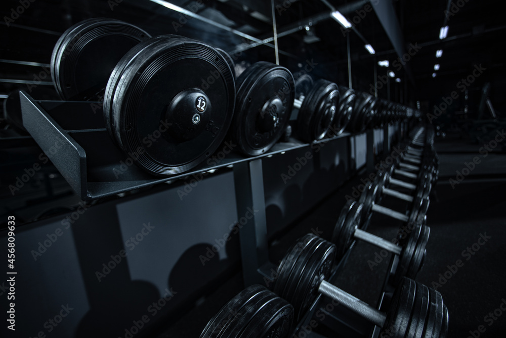 Rows of black dumbbells in the gym different weights Rows of black dumbbells in the gym different weights